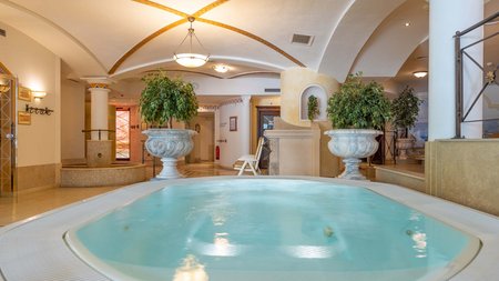 Luxuriöser Whirlpool im Spa-Bereich – Wohlfühlatmosphäre für maximale Entspannung Innenbereich eines Wellness-Spas mit einem runden Whirlpool und dekorativen Pflanzen.