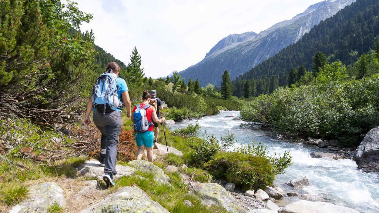 Wanderung entlang eines Gebirgsbachs im Zillertaler Hochgebirgs-Naturpark Wanderer entlang eines Gebirgsbachs im Hochgebirgs-Naturpark Zillertaler Alpen, umgeben von Bergen und üppiger Natur.